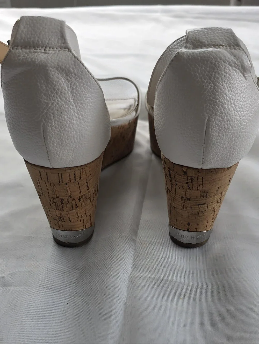 Nine West White Leather Strappy Wedge Sandals